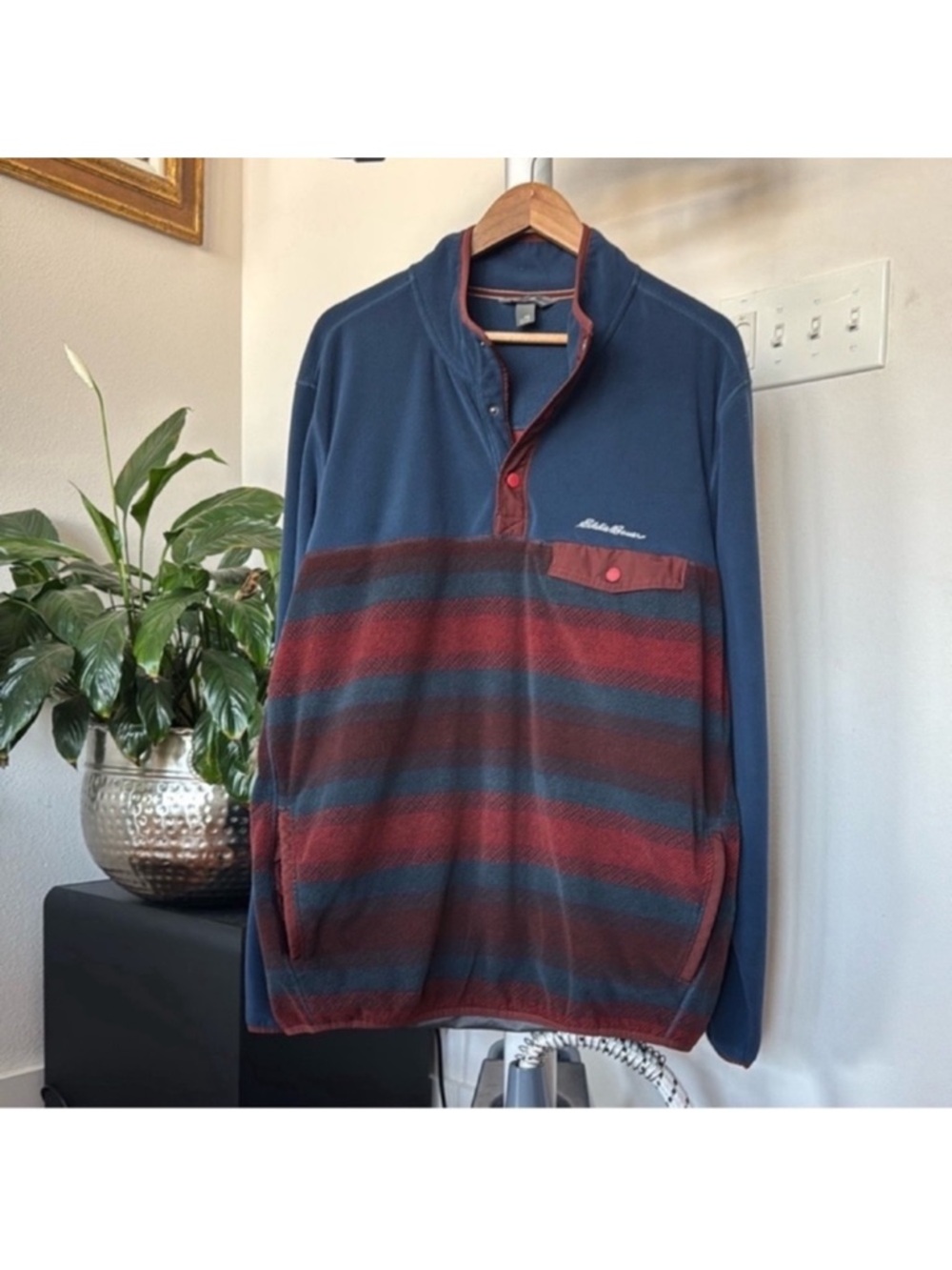 Eddie Bauer Fleece Snap Mock Pullover Sweater Sz XL Tall Long Blue Red snap